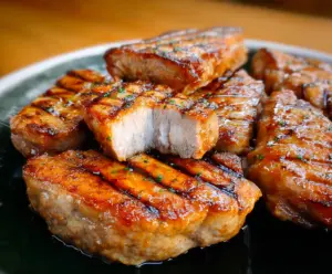Juicy grilled pork chops served with fresh herbs on a wooden platter for a delicious summer barbecue.