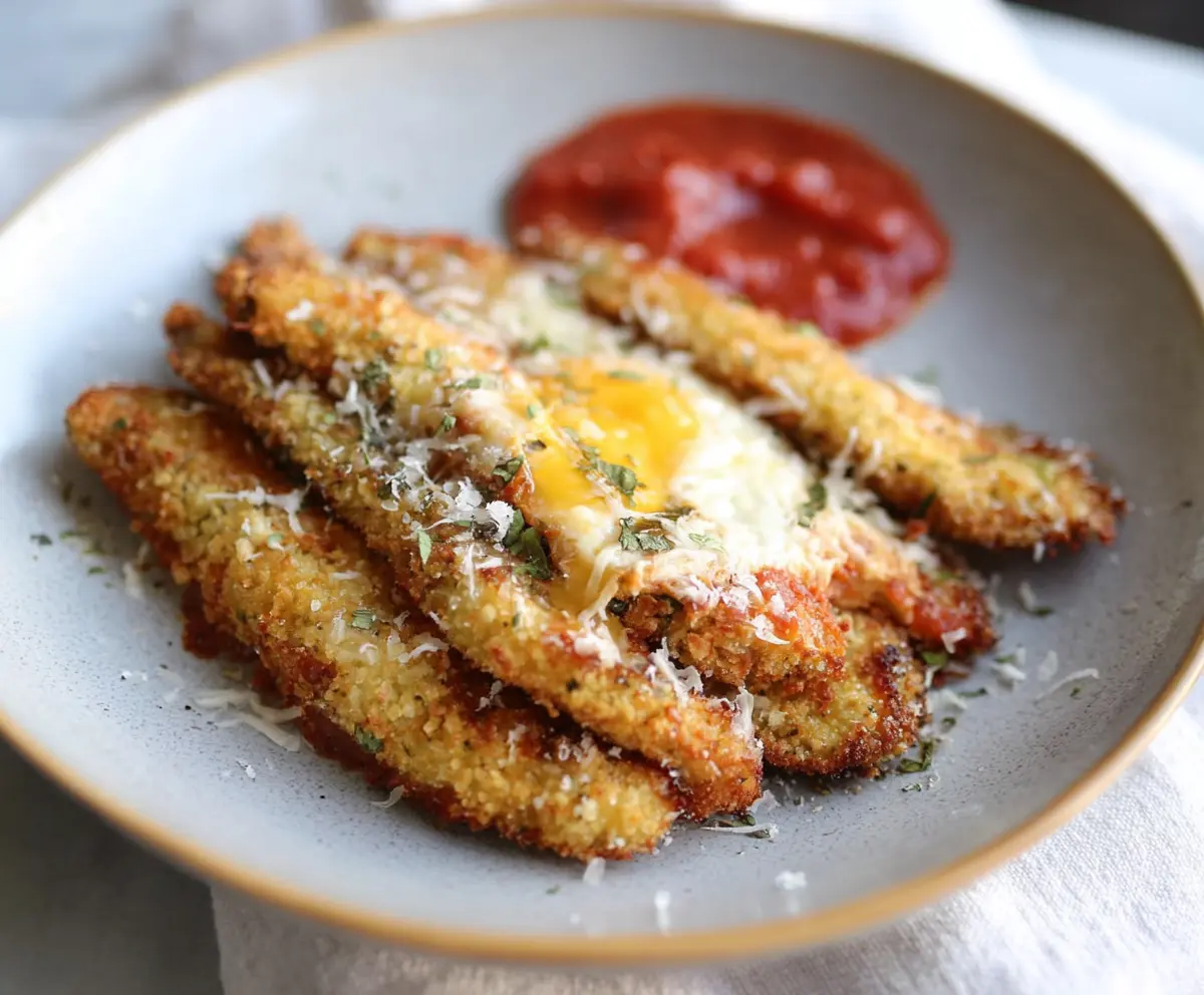 Delicious low carb crispy eggplant parmesan with golden crust and melted cheese