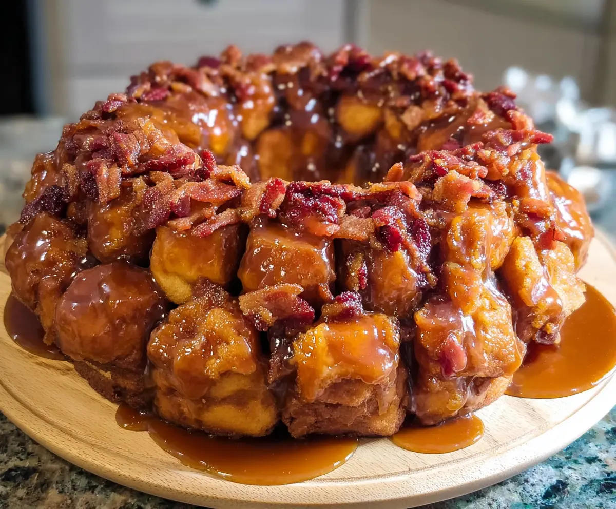 Delicious Maple Bacon Monkey Bread with crispy bacon and sweet maple glaze on a rustic plate