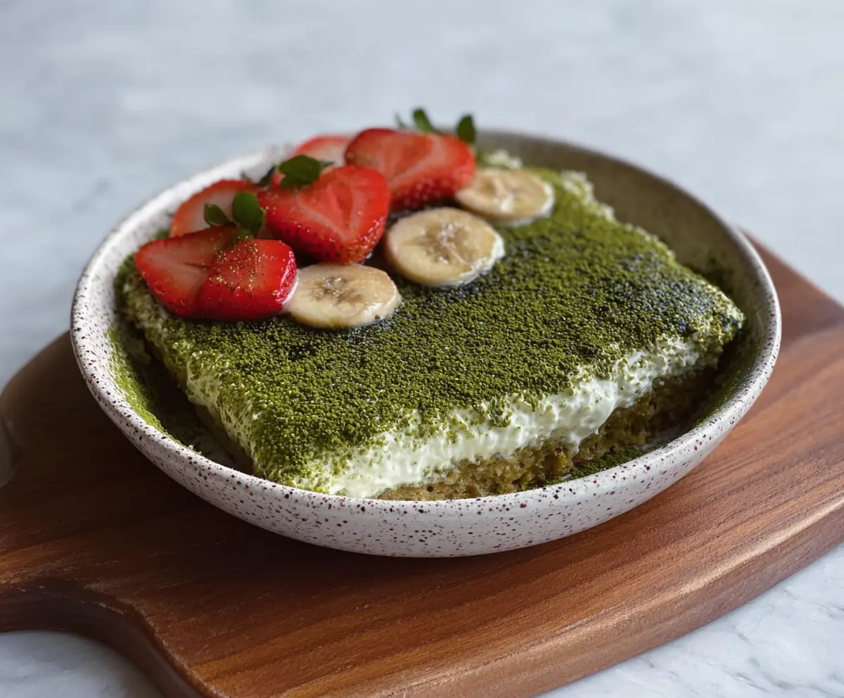 Delicious Matcha Tiramisu Baked Oats served in a dish with layers of green matcha and creamy topping.