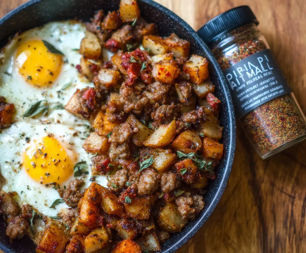 Crispy Meat and Potatoes Breakfast Hash with fresh herbs in a skillet.