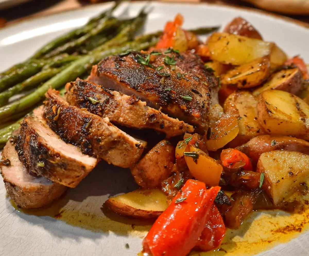 Delicious Mediterranean Pork and Apples dish served with fresh herbs and vibrant vegetables.