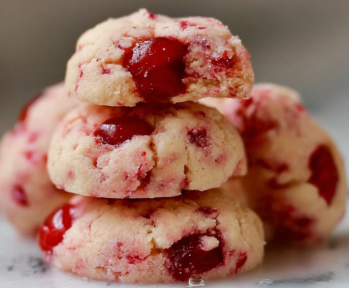 Delicious melt-in-your-mouth cherry shortbread cookies on a plate, perfect for dessert or tea time.