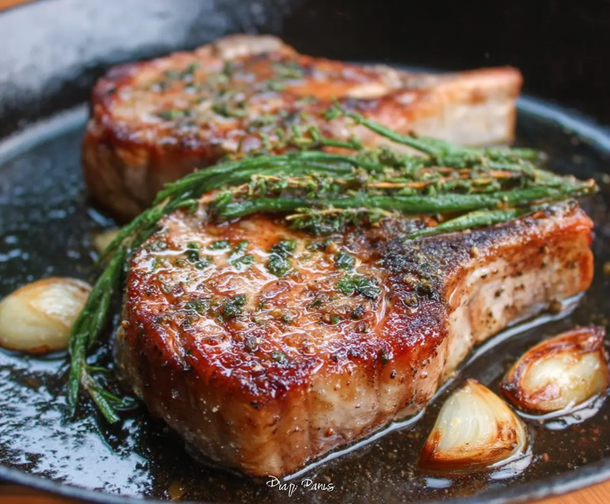 Juicy pan-roasted pork chops with golden sear and tender interior served on a white plate.