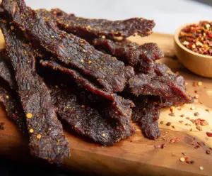 Homemade peppery beef jerky with a smoky flavor and spicy seasoning.