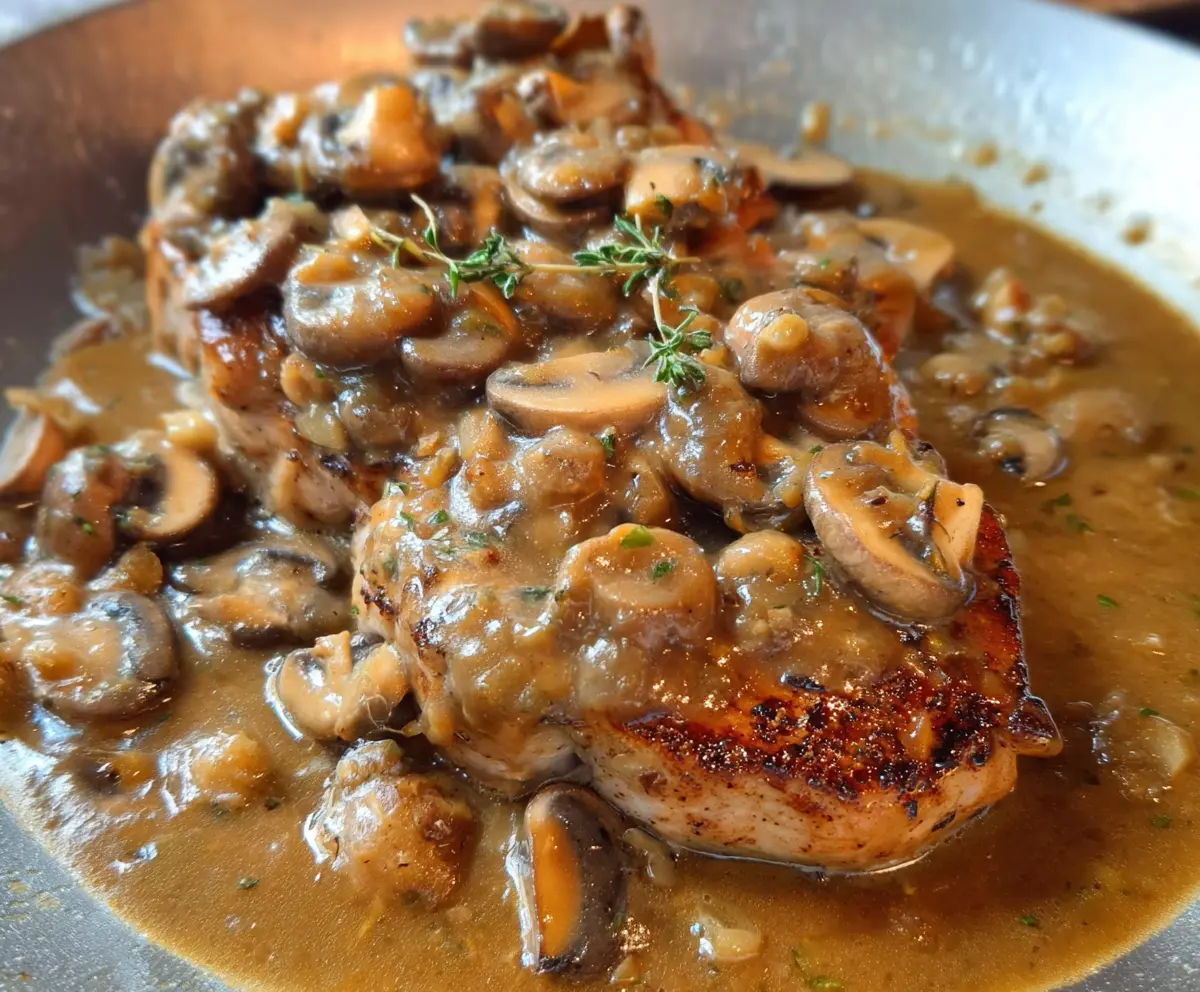 Juicy pork chops served with mushroom and shallot gravy on a rustic plate.