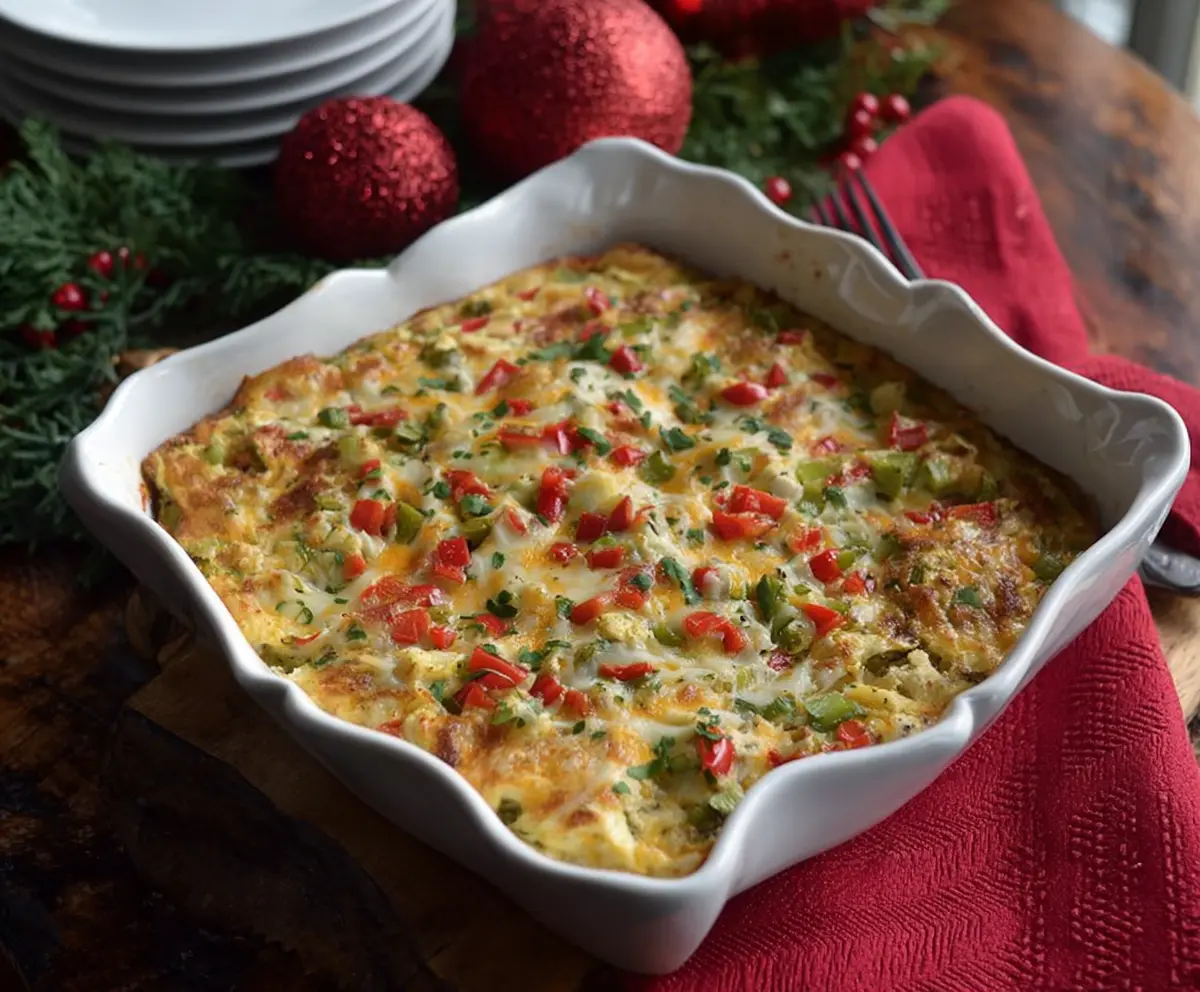 Festive Red and Green Christmas casserole with colorful ingredients for holiday dinner.