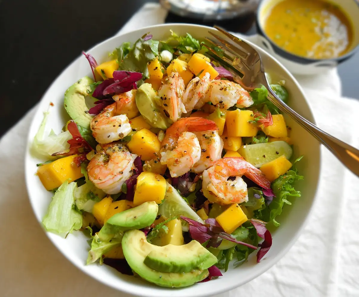 Fresh shrimp and ripe mango salad served with greens for a delicious and healthy meal.