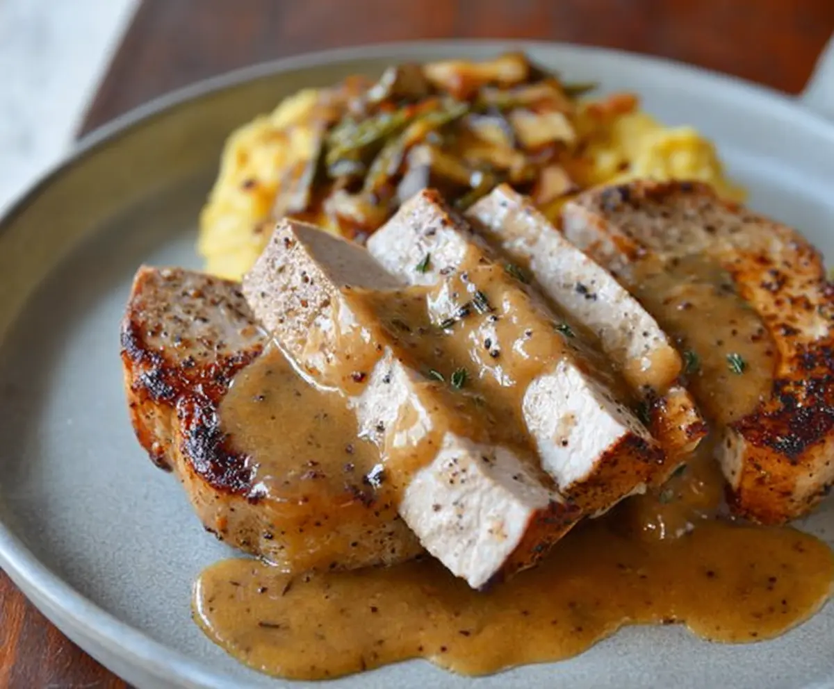 Juicy skillet pork chops topped with rich, flavorful pan gravy on a rustic plate.