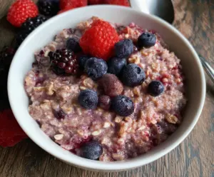 Warm Slow Cooker Berry Oatmeal with fresh strawberries and blueberries for a healthy breakfast.