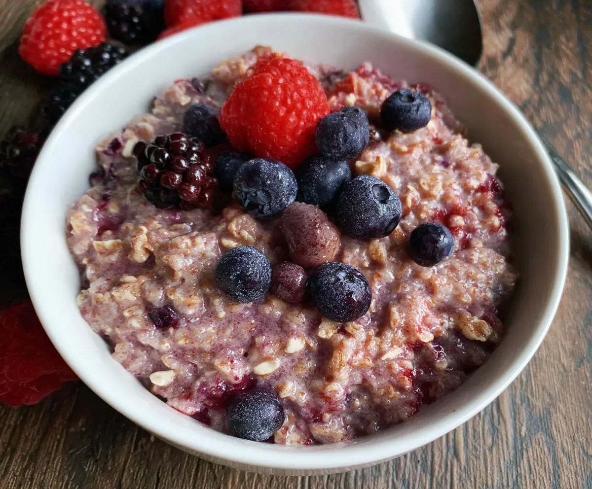 Warm Slow Cooker Berry Oatmeal with fresh strawberries and blueberries for a healthy breakfast.