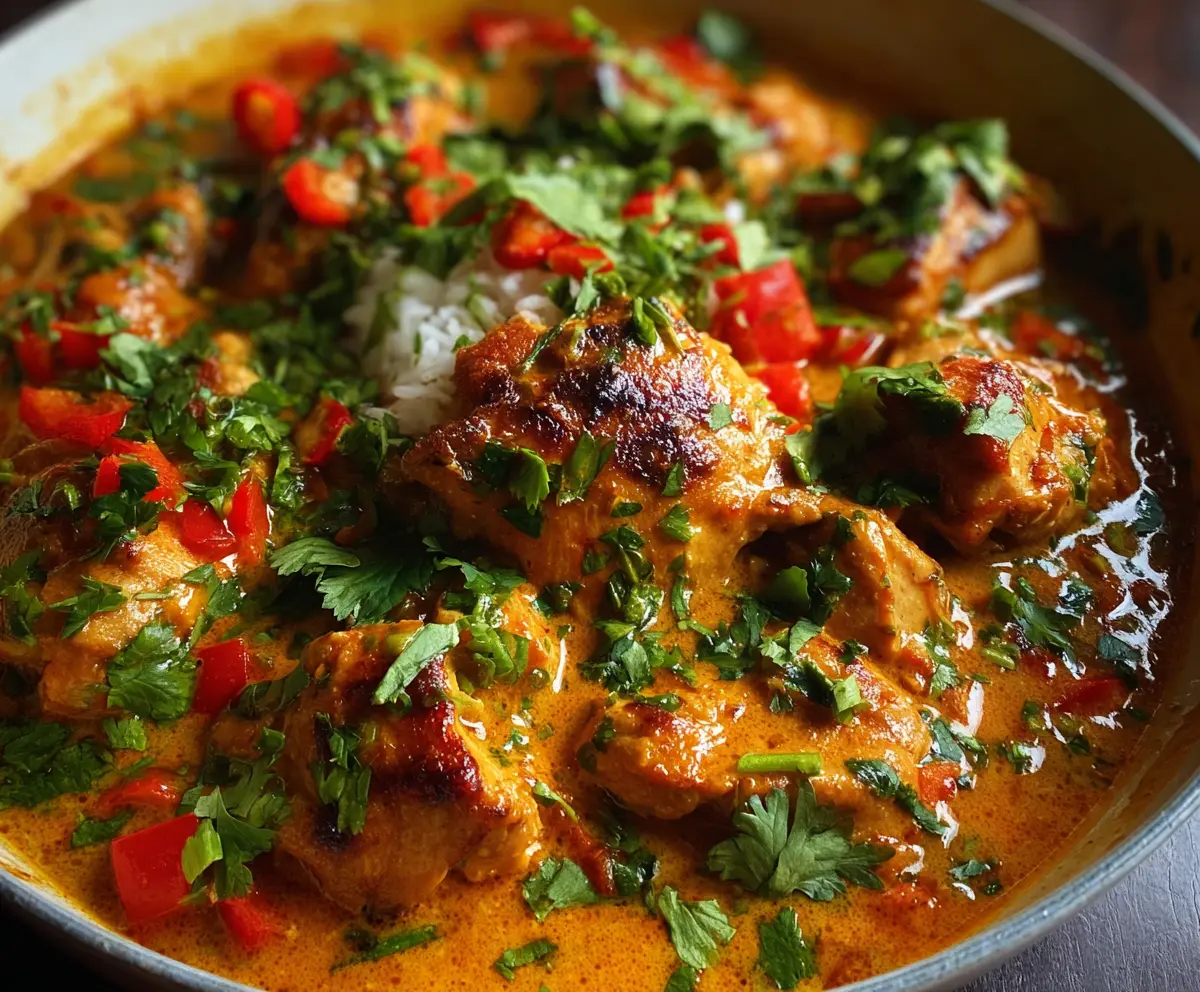 Delicious spicy Brazilian coconut chicken served with fresh herbs and vibrant vegetables.