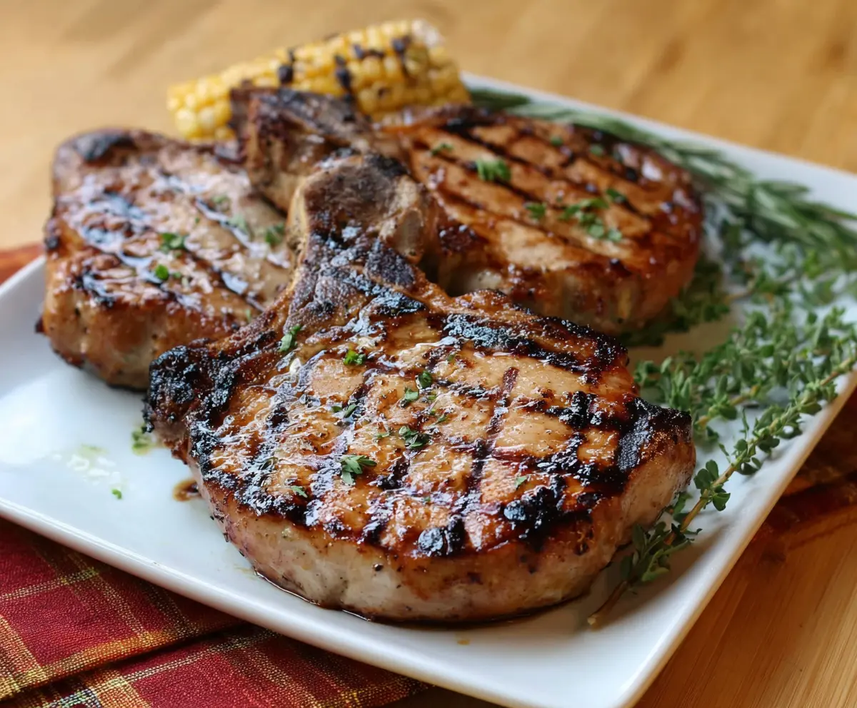 Juicy grilled Hickory pork chops with smoky aroma and grill marks ready to serve.
