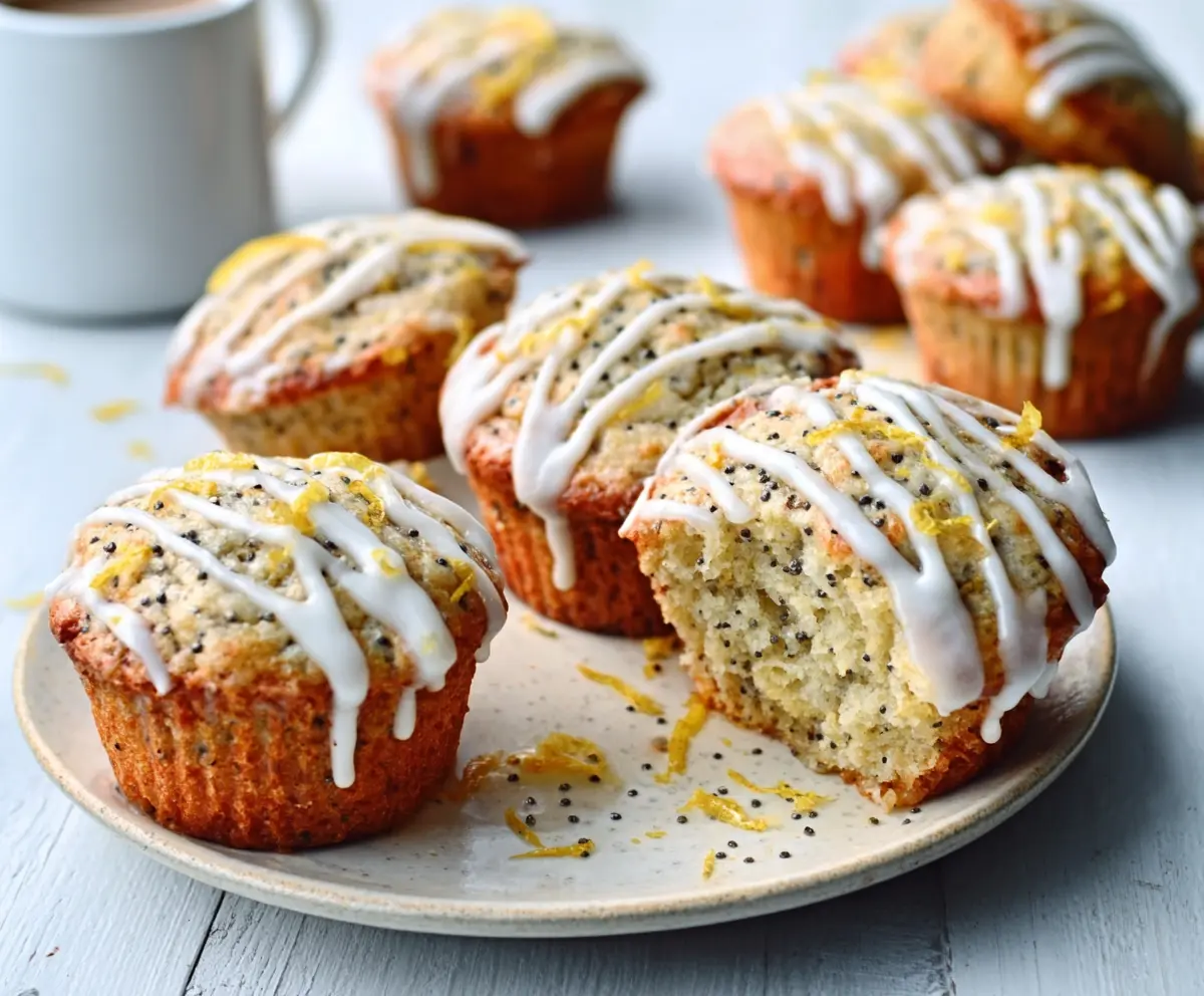 Close-up of Zesty Glazed Lemon Poppy Seed Muffins on a plate, showcasing their golden crust and citrus glaze.