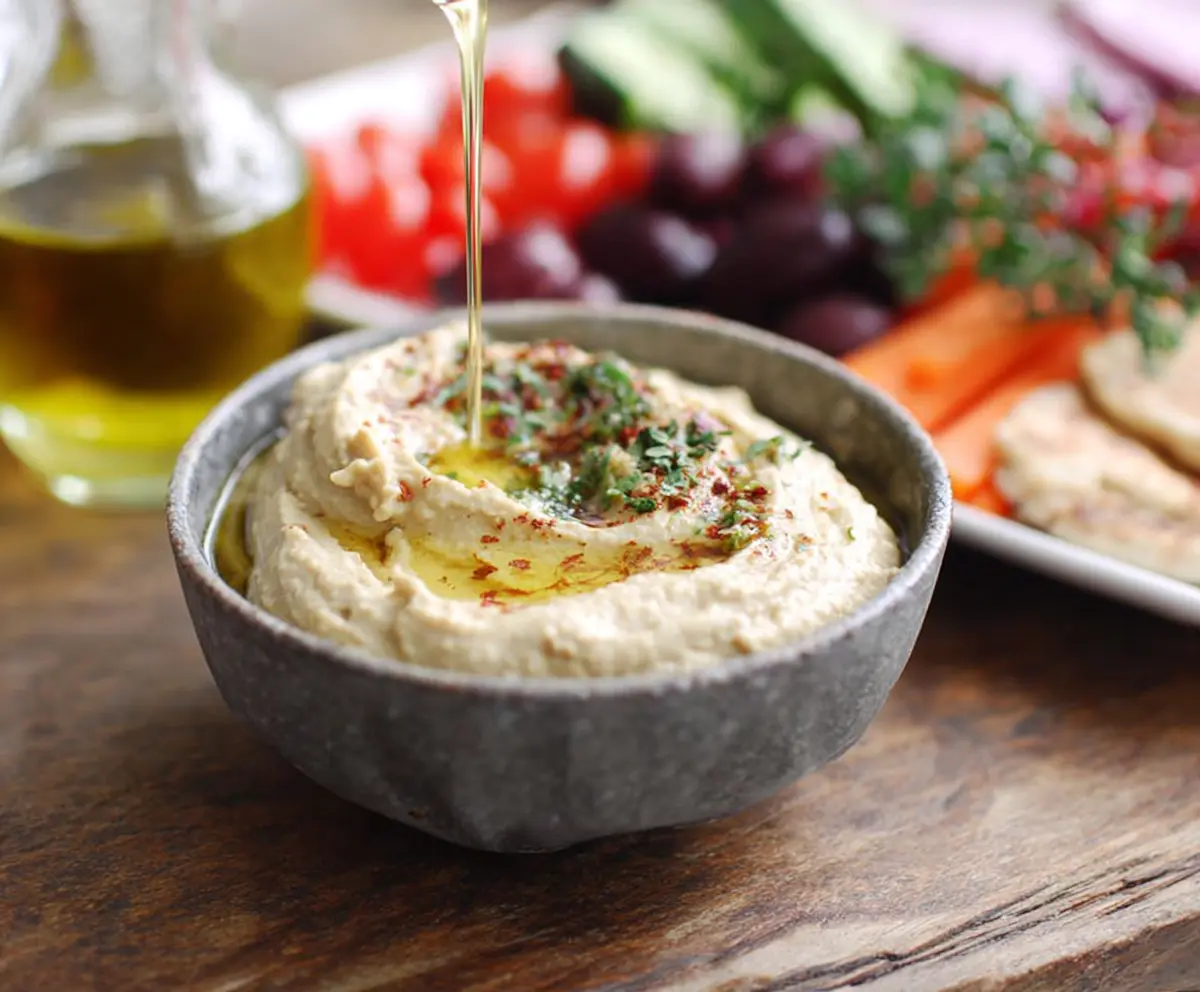 Creamy Baba Ganoush, roasted eggplant dip garnished with fresh herbs and olive oil.