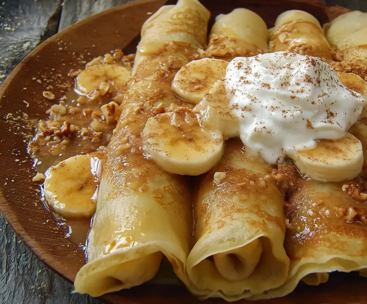 Delicious banana crepes rolled with fresh banana slices and drizzled with syrup on a white plate.