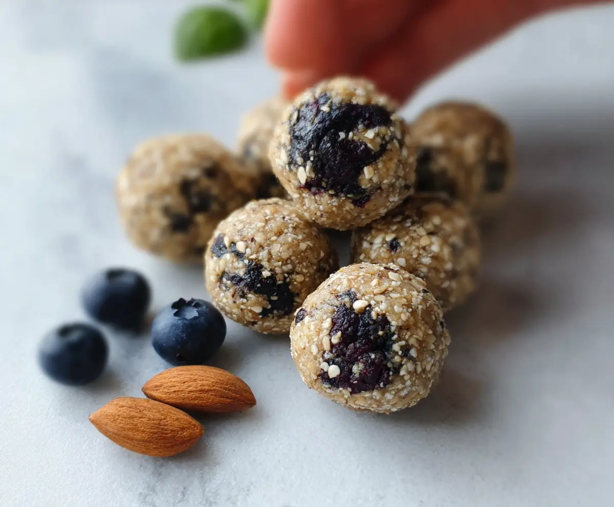 Healthy homemade Blueberry Almond Energy bites with fresh blueberries and crunchy almonds.