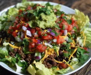 Colorful Cinco De Mayo Taco Salad with fresh lettuce, tomatoes, cheese, and seasoned beef in a vibrant bowl.