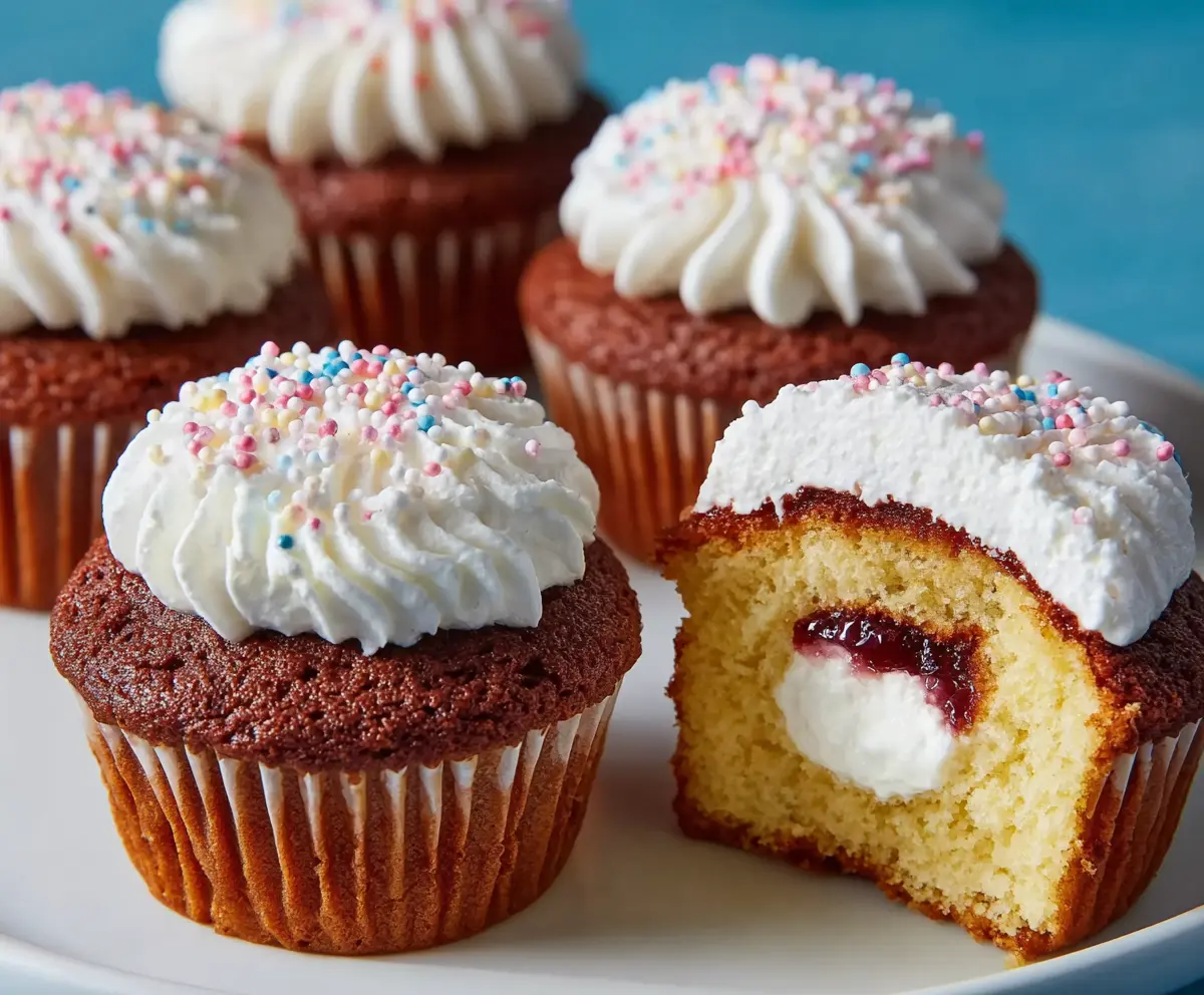 Delicious cream-filled cupcakes topped with swirls of frosting and sprinkles.