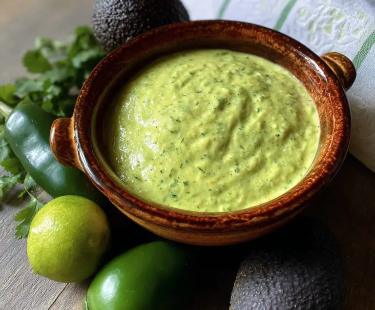 Creamy tomatillo avocado salsa served in a bowl, showcasing vibrant green colors and smooth texture.