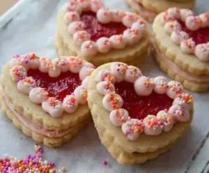 Delicious easy Valentine Sandwich Cookies with pink frosting and heart-shaped decorations for a romantic treat.