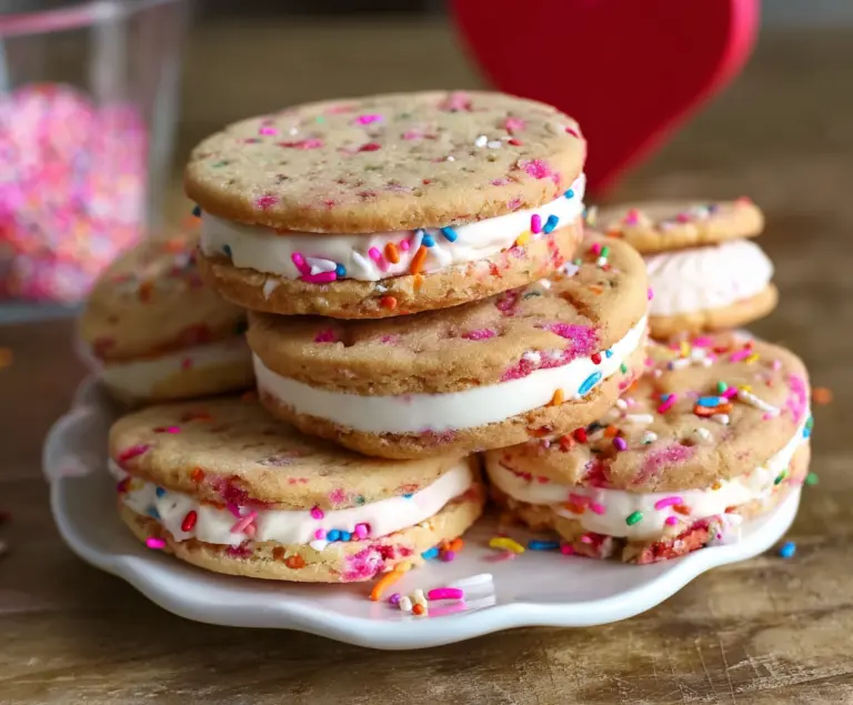 Delicious Funfetti Cheesecake Sandwich Cookies with colorful sprinkles and creamy filling.