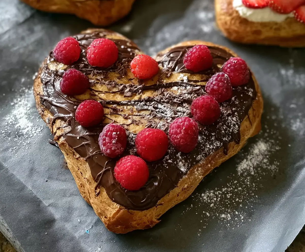 Delicious heart-shaped chocolate éclairs topped with glossy chocolate glaze on a elegant dessert plate.