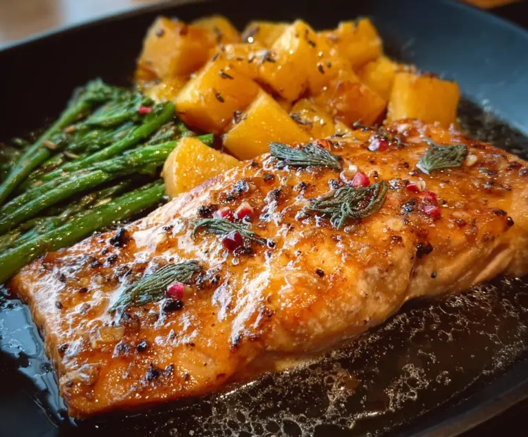 Delicious maple glazed salmon fillet served on a white plate with fresh herbs