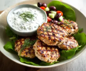 Delicious Mediterranean-inspired chicken patties served with creamy tzatziki sauce on a white plate.