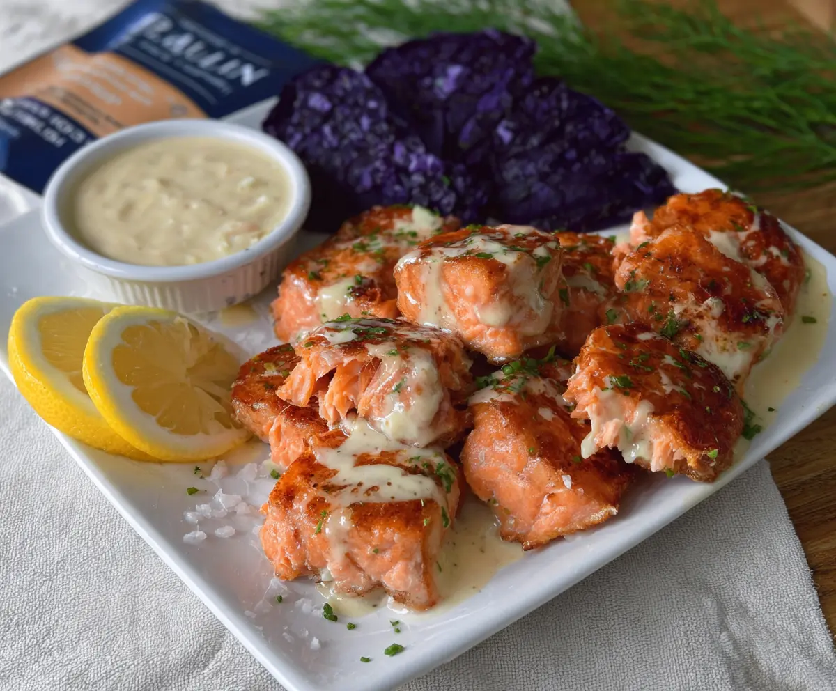 Delicious Miso Air Fryer Salmon Bites served on a white plate with fresh herbs