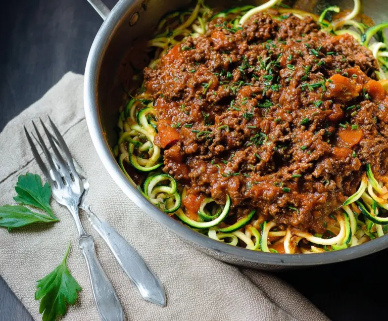 Delicious nightshade-free beef ragu served over zucchini noodles, perfect for a healthy low-carb meal.