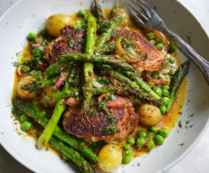 Delicious pan-roasted chicken thighs served with fresh spring vegetables on a plate.