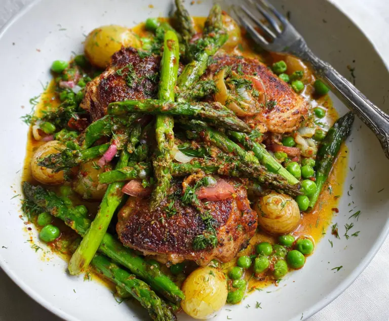Delicious pan-roasted chicken thighs served with fresh spring vegetables on a plate.