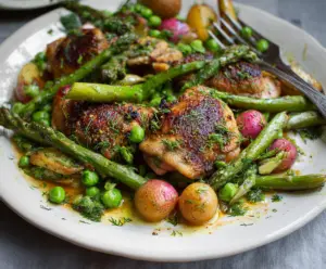 Delicious pan-roasted chicken thighs served with fresh spring vegetables on a plate.