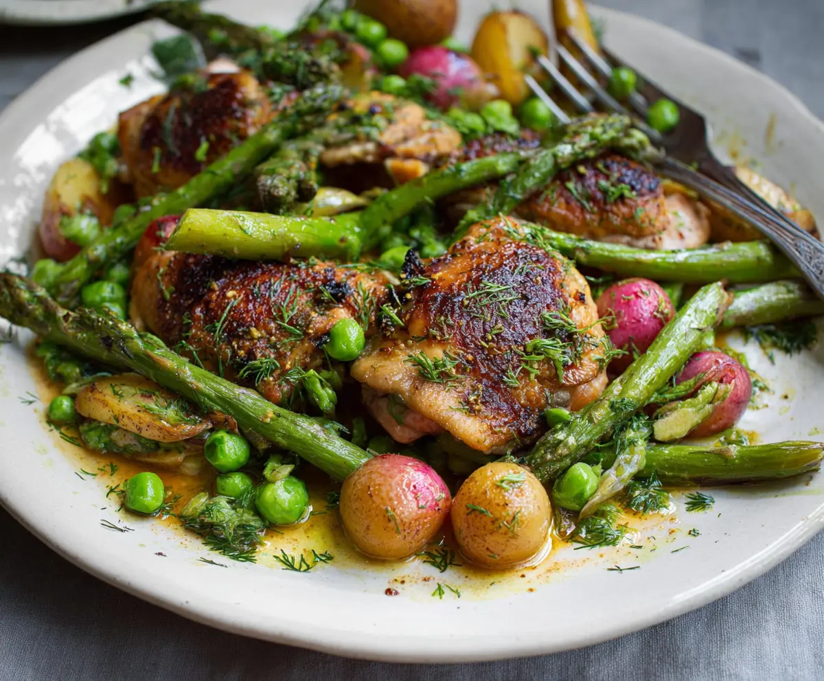 Delicious pan-roasted chicken thighs served with fresh spring vegetables on a plate.