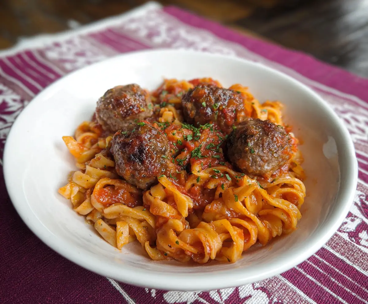 Delicious homemade pasta with juicy meatballs and marinara sauce on a plate.