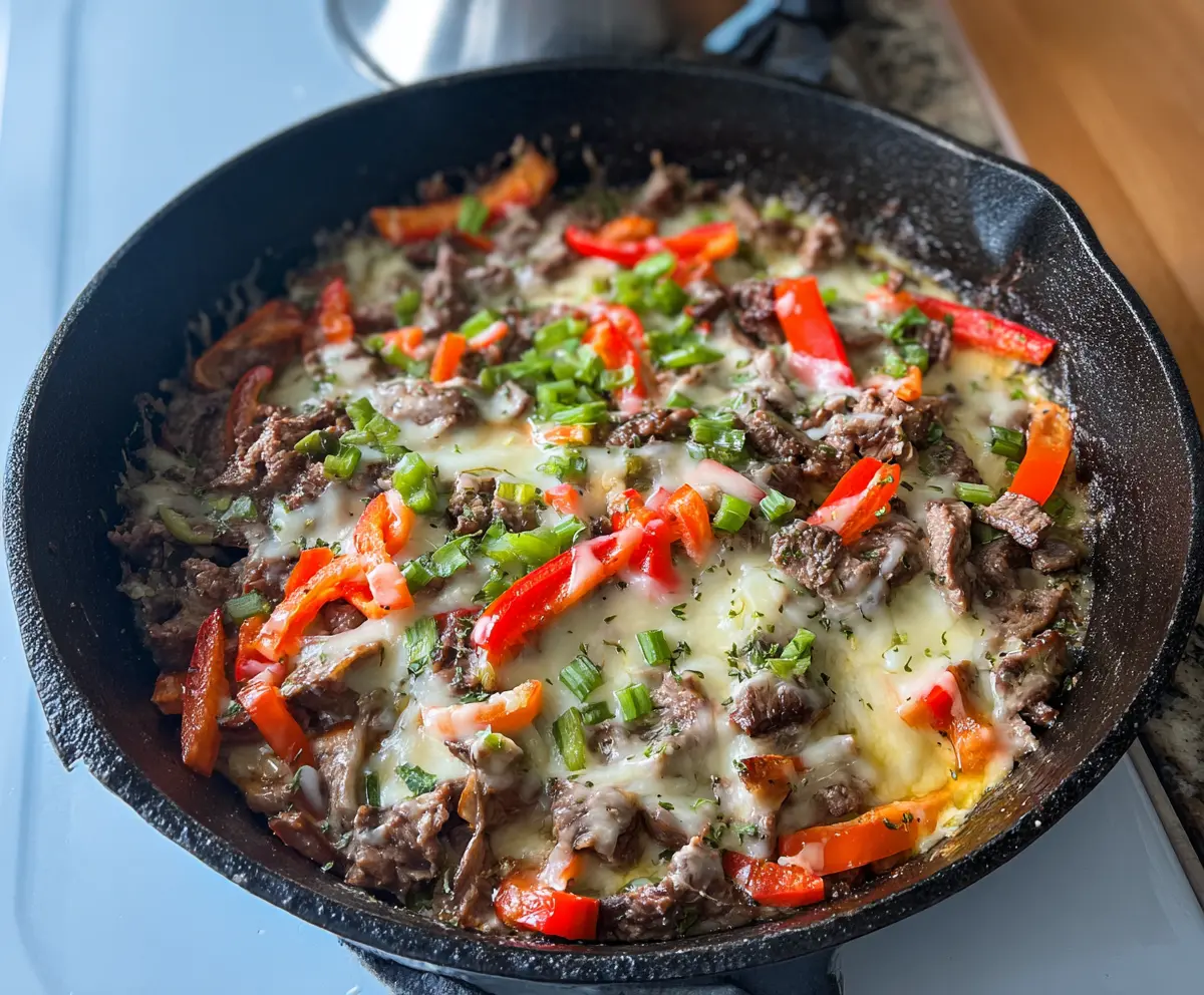 Delicious Philly Cheesesteak Skillet with melted cheese and tender beef for keto diet lovers.