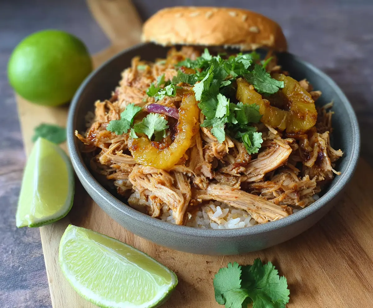 Delicious Pineapple Thai Pulled Pork served over steamed rice with fresh herbs