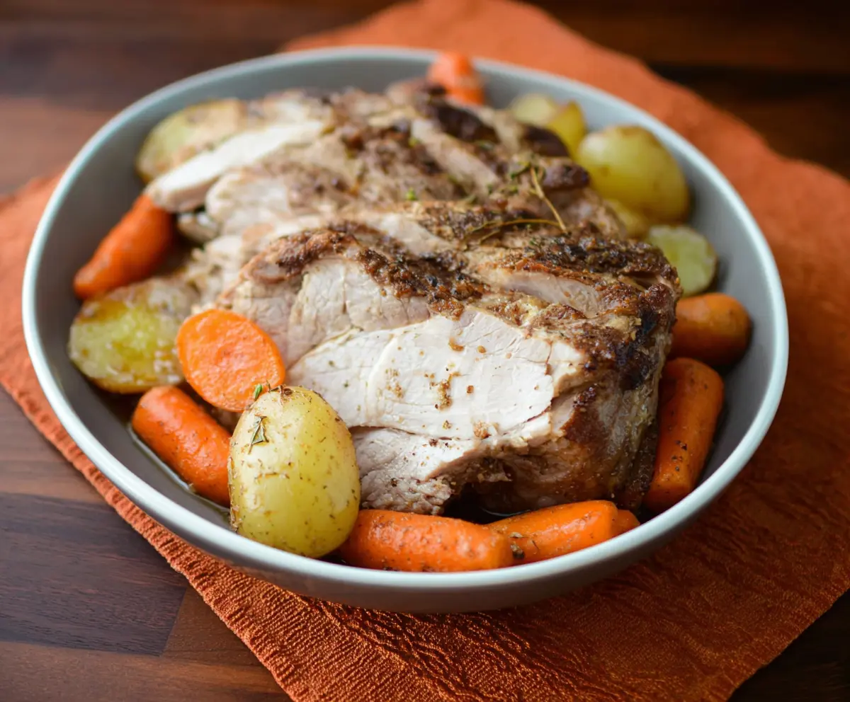 Juicy pressure cooker pork roast with golden crust, served on a wooden cutting board.