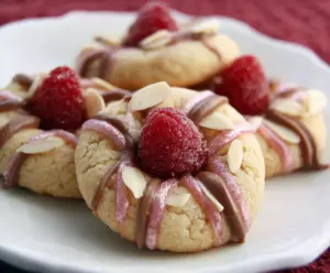 Delicious Raspberry Almond Kiss Cookies topped with fresh raspberries and almonds, perfect for dessert or tea time.