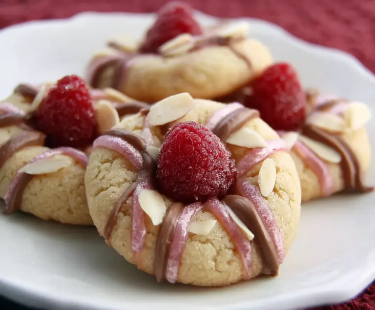 Delicious Raspberry Almond Kiss Cookies topped with fresh raspberries and almonds, perfect for dessert or tea time.