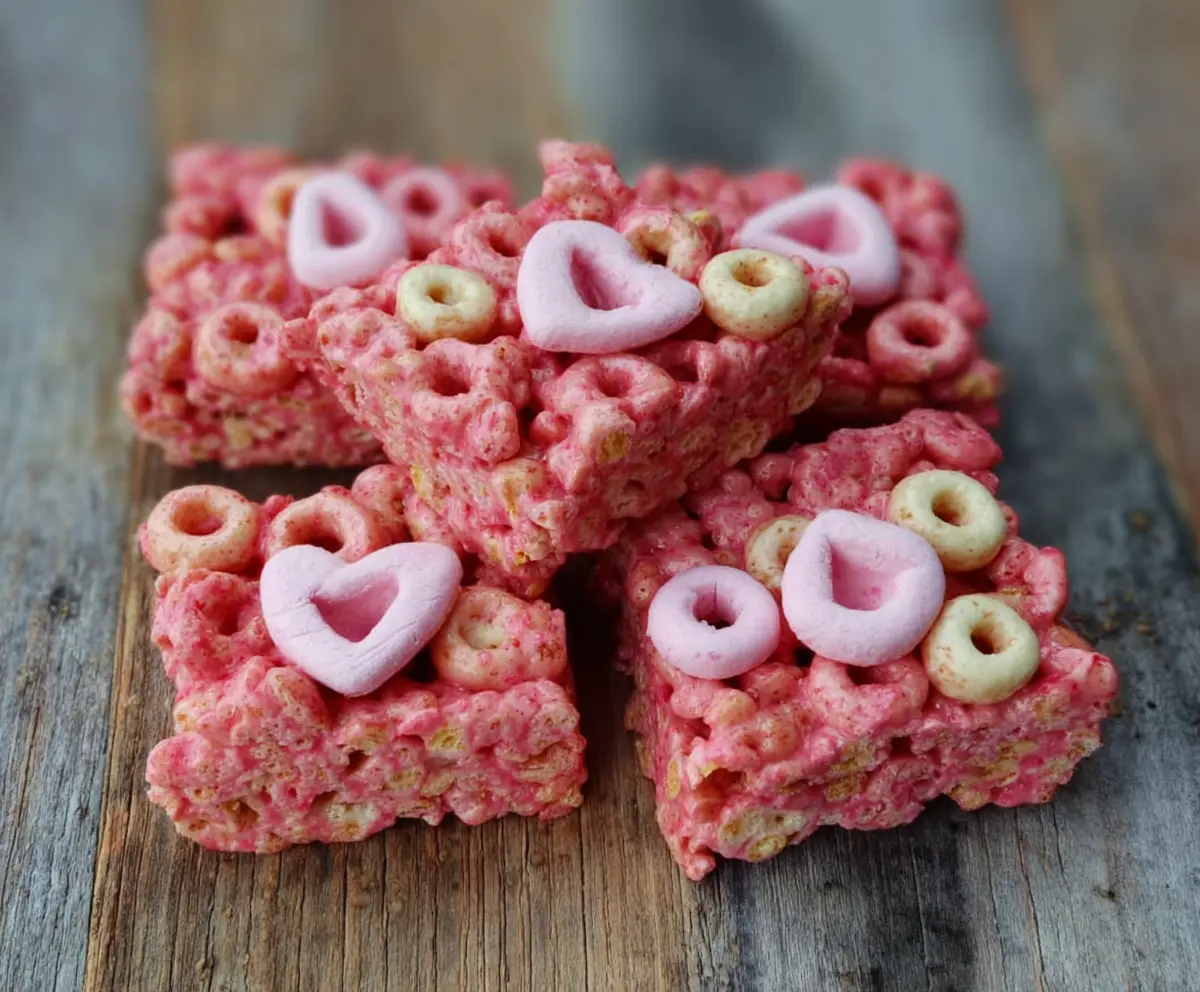 Delicious pink cereal bars with colorful sprinkles on a white plate, perfect for snacking or parties.