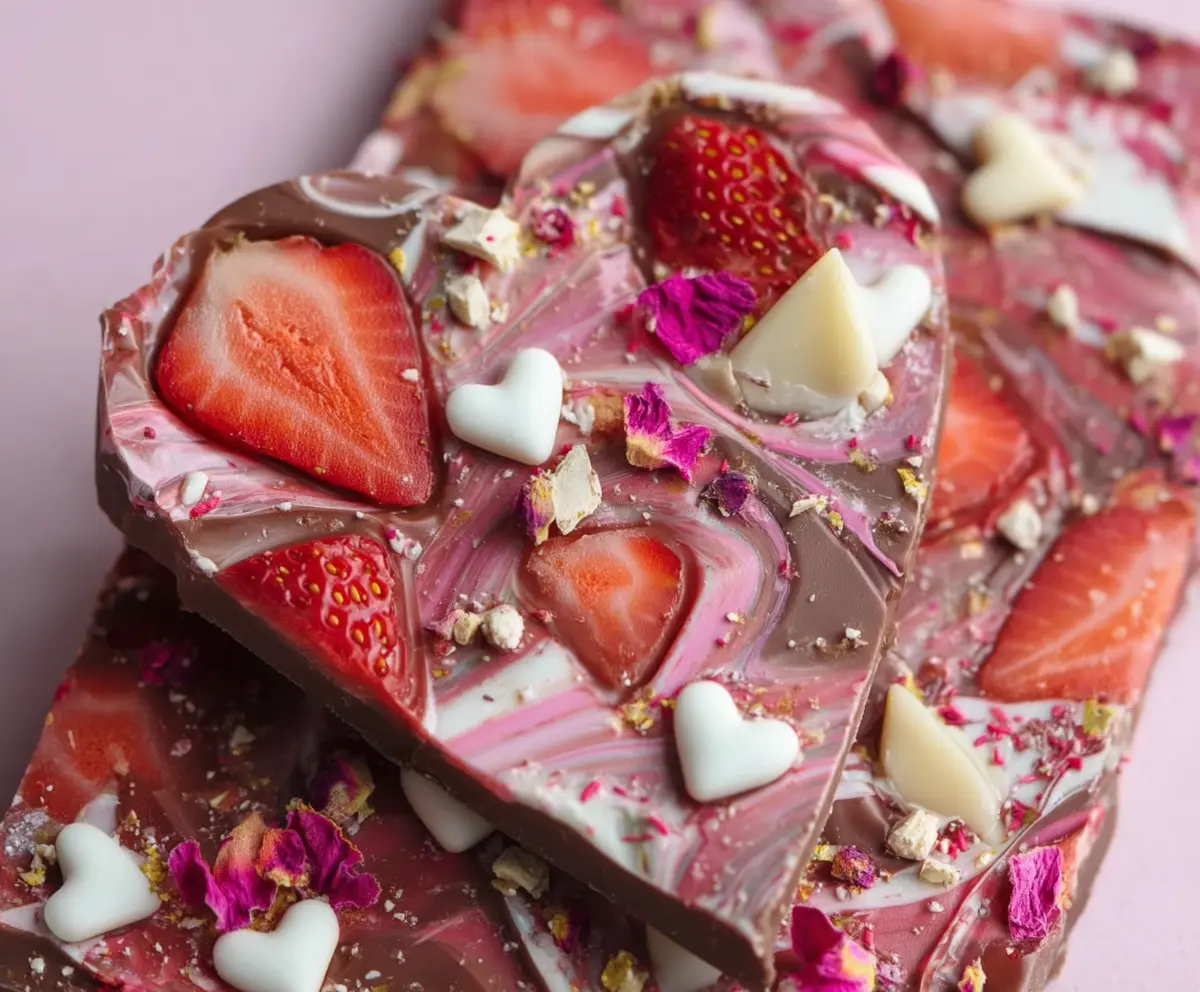 Delicious homemade strawberry heart-shaped bark with fresh strawberries and rich chocolate.