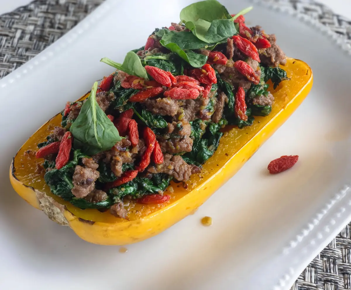 Stuffed Delicata Squash with Venison, Goji Berries & Spinach
