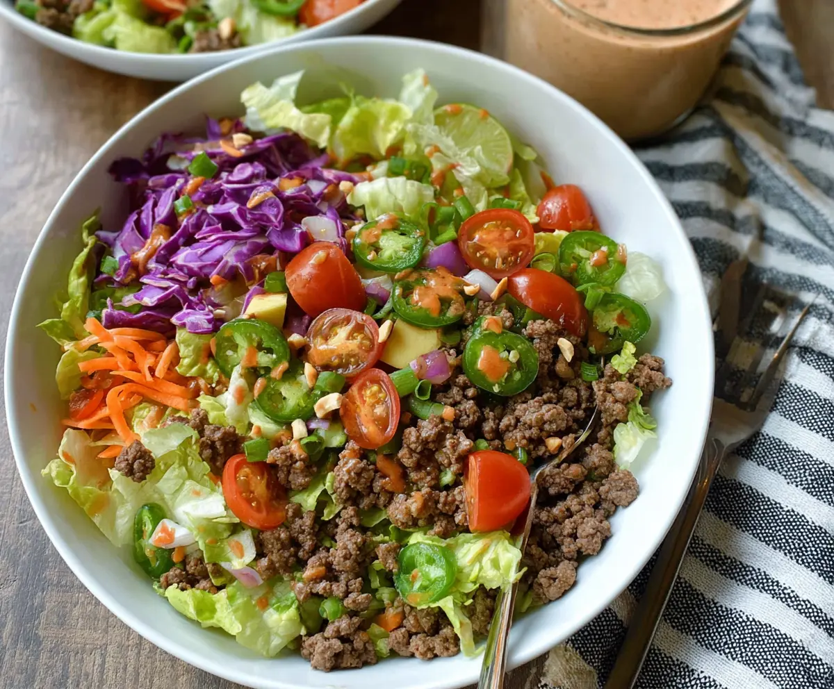 Fresh Thai ground beef chopped salad with vibrant vegetables and herbs in a white bowl