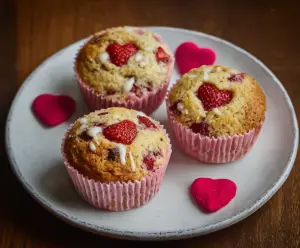 Delicious Valentine's Day strawberry muffins with fresh strawberries and sweet glaze