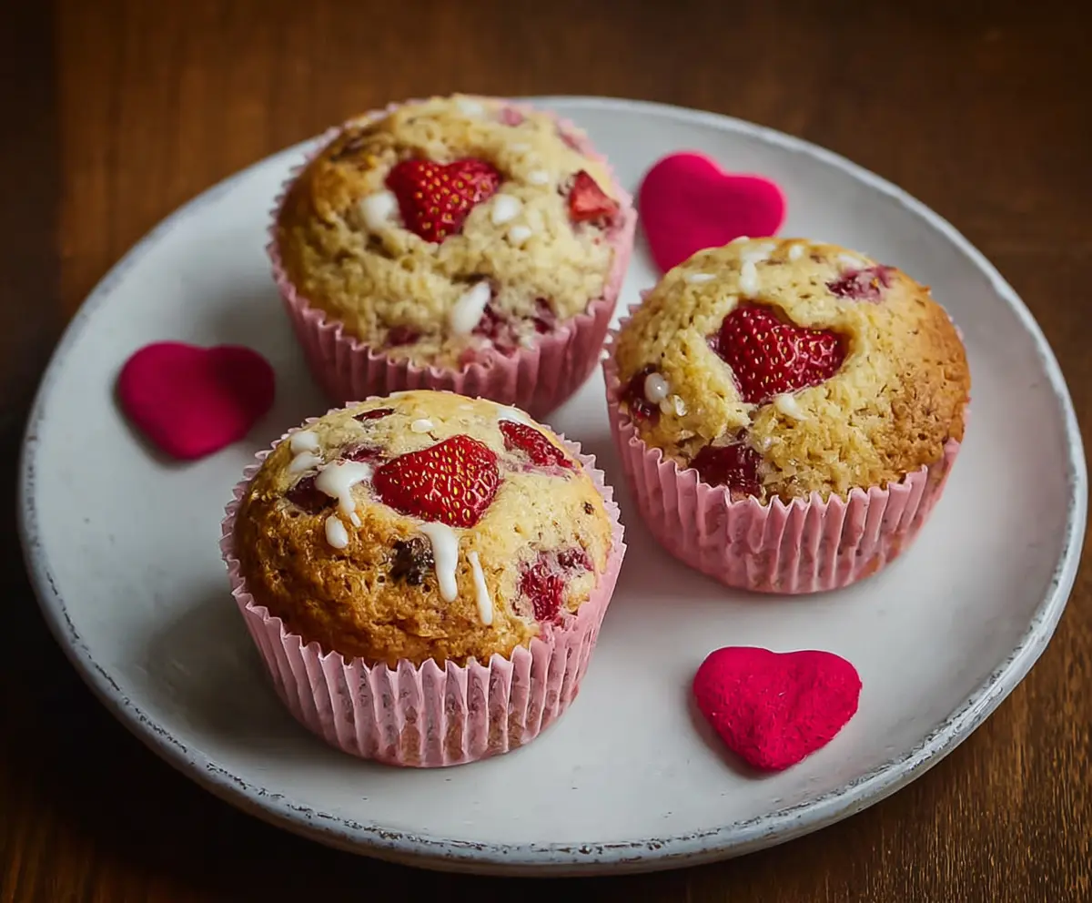 Delicious Valentine's Day strawberry muffins with fresh strawberries and sweet glaze