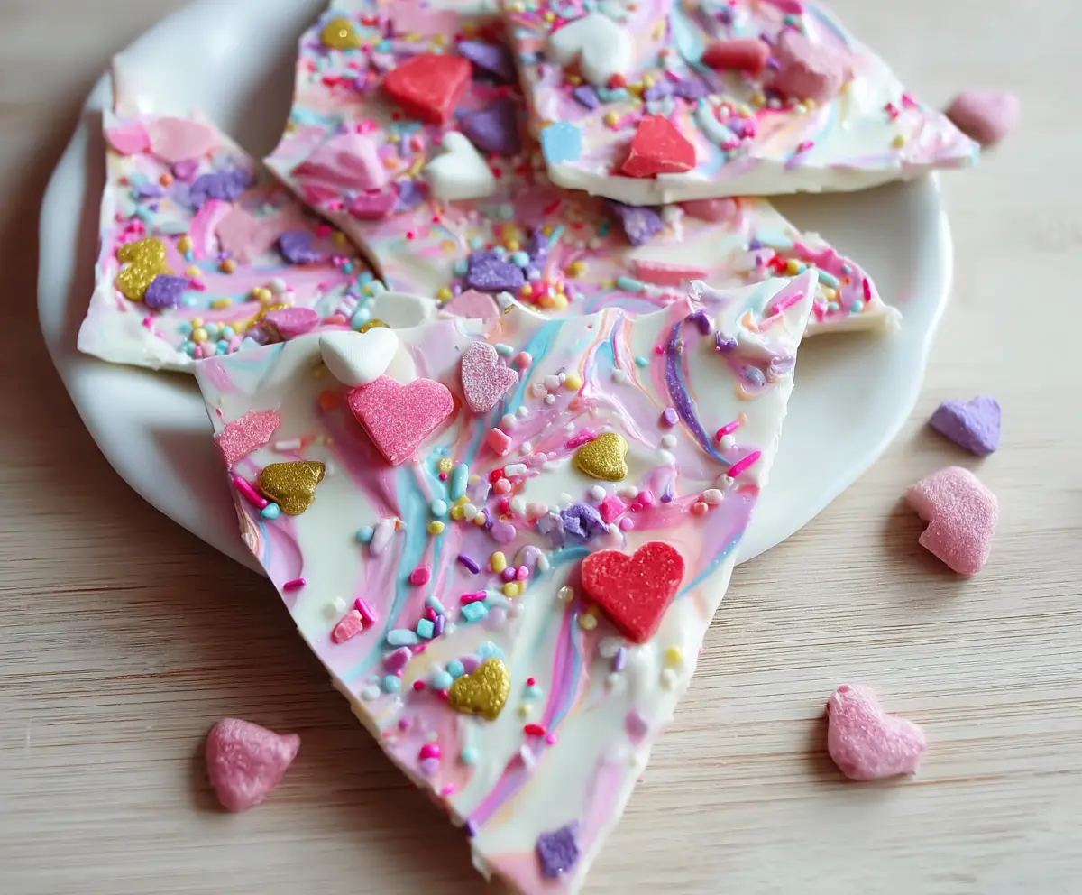 Colorful Valentine's Day Unicorn Bark with pink, purple, and white chocolates decorated with edible glitter.