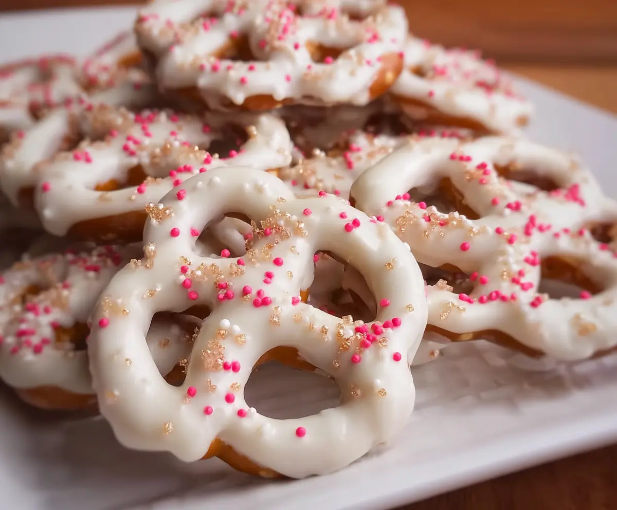 Delicious white chocolate-covered pretzels on a white plate, perfect for snacking and sharing.