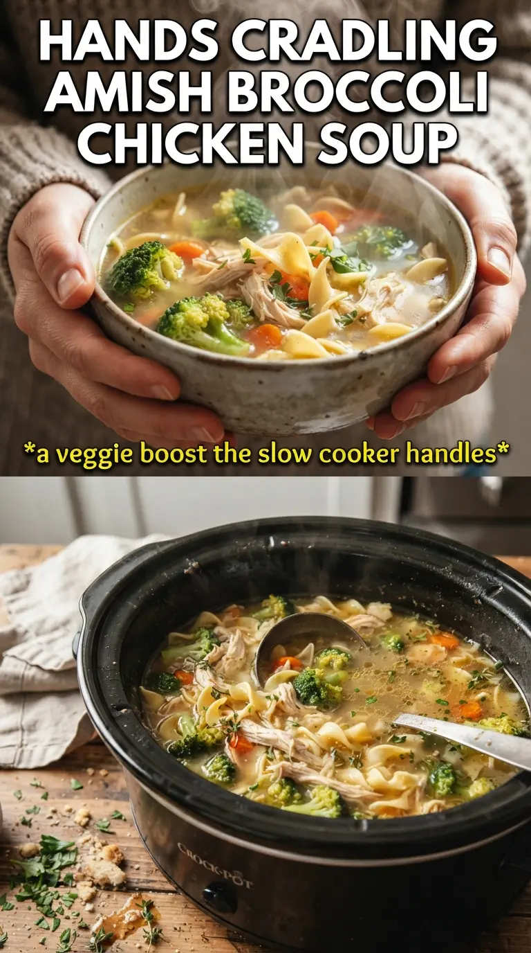 Amish Broccoli Chicken Noodle Slow Cooker Soup creamy cheesy comforting